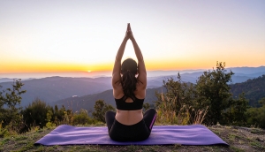 Bienestar: Mujer haciendo yoga en la cima de una montaña